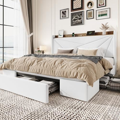 King Bed Frame, Storage Headboard with Drawers, Charging, White, view 2