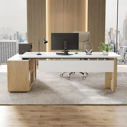 74-Inch Executive L-Shaped Desk with Storage Cabinet & Shelves, view 5