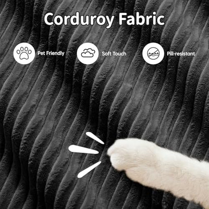 116" Modern Corduroy Cloud Sofa with Ottoman, L Shaped Boneless Modular Large Sectional Couches for Living Room, Black 3 Seater Compressed Memory Foam Couch, Extra Deep Seat, No Assembly