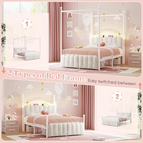 Full Canopy Bed Frame with 2 Drawers and LED & Charging,White, view 7