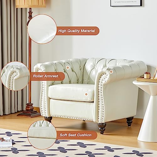 Chesterfield Chair, Modern Faux Leather Tufted Accent Sofa Couch Chair with Rolled Arms and Nailhead for Living Room, Bedroom, Office, Apartment (White)