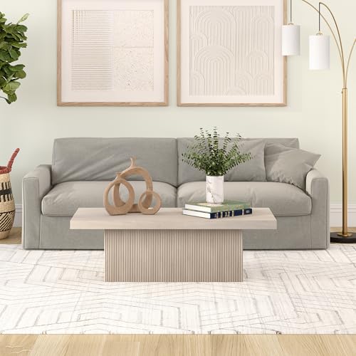 48" Fluted Low-Profile Rectangular Coffee Table with Ribbed Base for Living Room, Family Room, or Office, Beech White