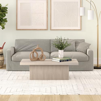 48" Fluted Low-Profile Rectangular Coffee Table with Ribbed Base for Living Room, Family Room, or Office, Beech White