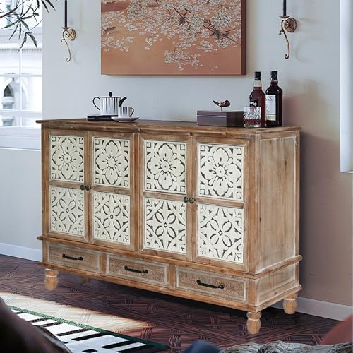 59" Vintage Sideboard Buffet Cabinet with Storage,French Country Sideboard with Carved Doors,Farmhouse Credenza Accent Cabinet, Natural Wood