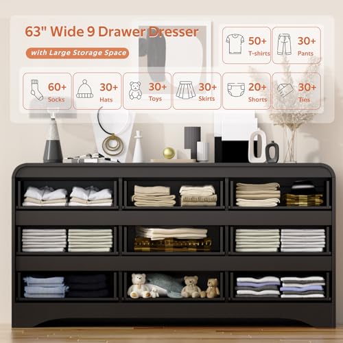 Dresser for Bedroom with 9 Drawers, 63" Large Modern Dressers, Black, view 6