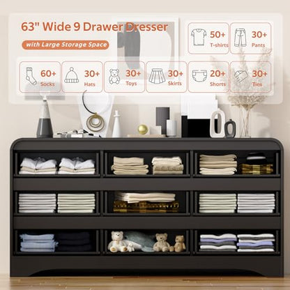 Dresser for Bedroom with 9 Drawers, 63" Large Modern Dressers, Black, view 6