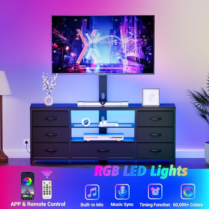 TV Stand with Mount and 7 Fabric Drawers, Led Entertainment Center with Power Outlets for 32 45 55 60 65 70 inch TVs, Black Dresser with Open Shelves, Media Console Cabinet for Living Room Bedroom