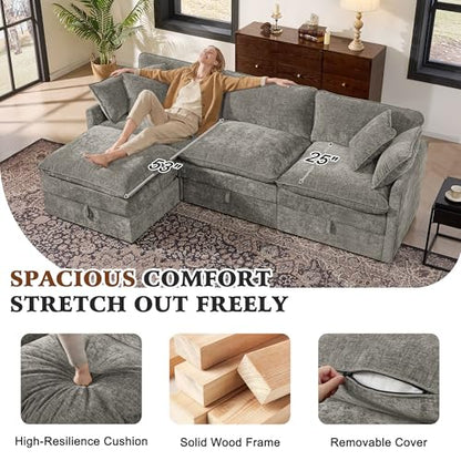 103" Modular Sectional Sofa with Storage, L Shaped Cloud Couch with Movable Ottomans & Throw Pillows, Chenille Deep Seat Sectional Couches for Living Room, Apartment (Grey)