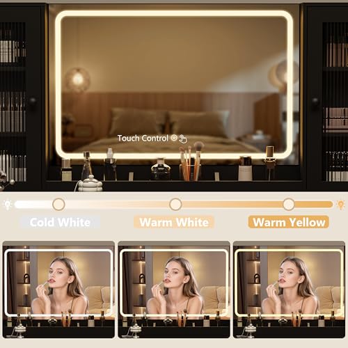 Fluted Makeup Vanity Desk with Mirror and Lights, view 5