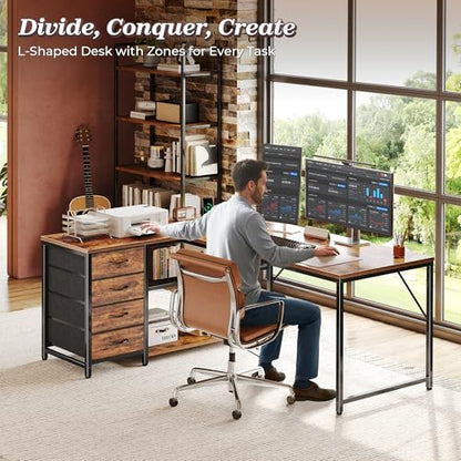 53" L Shaped Desk with Power Outlets & 4 Drawers, view 4