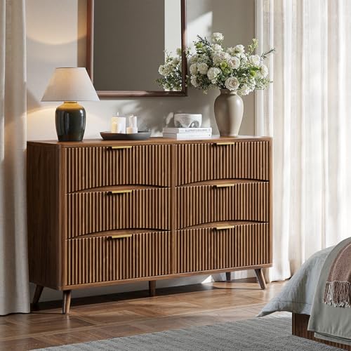 54" Wide Fluted 6 Drawer Dresser, Mid Century Modern Curved Dresser, Light Wood Chest of Drawers for Bedroom, Living Room and Entryway, Walnut