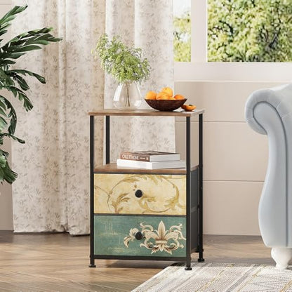 Nightstand with 2 Fabric Drawers Retro Flower End Table Side Table with Open Storage Shelf for Bedroom Living Room Sofa Beside Vintage