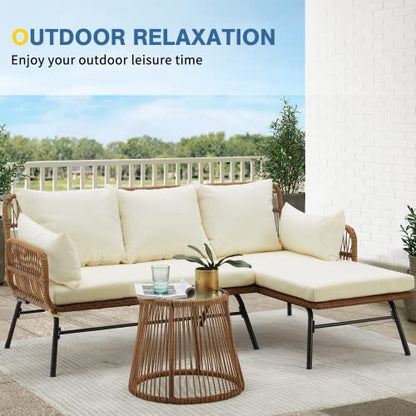 3 Piece Patio Furniture Set, L-Shaped Sectional Conversation Sofa Set with Thick Cushions and Toughened Glass Coffee Table for Backyard Balcony Garden Porch, White