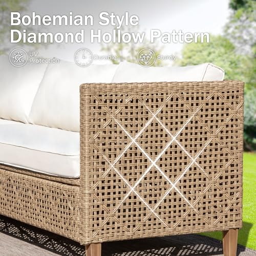 Outdoor Sectional Couch, Wicker Patio Furniture Set with Acacia Wood Coffee Table, L-Shape Small Outdoor Conversation Corner Sofa Set for Deck Porch, Beige