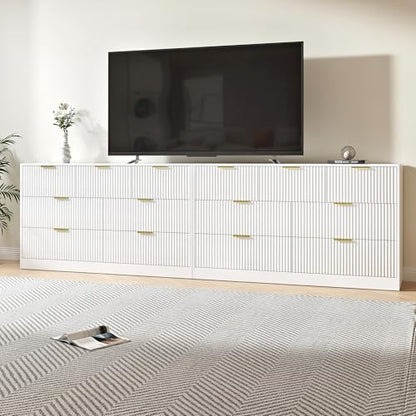 White Dresser Set of 2, Long Dresser for Bedroom Wooden with 14 Drawers, Fluted Modern Bedroom Furniture Set, TV Stand Dressers & Chests of Drawers for Closet (15.7"D x 110.2"W x 31.8"H)