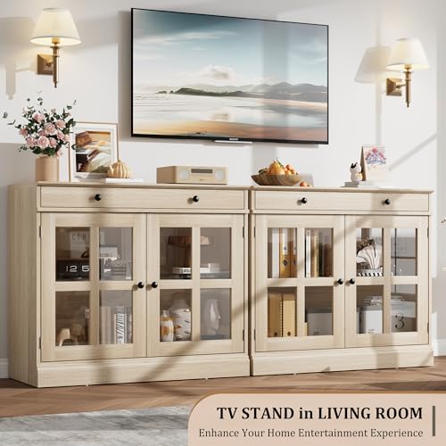 35.4 in Sideboard Buffet Cabinets with Glass Door, Buffet Cabinet with Storage, Oak Sideboard Cabinet with Drawer, Modern Buffets & Sideboards for Dining Room, Kitchen