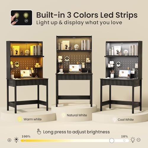 31.5" LED Study Desk with Hutch,Outlets,Reading Lights, view 6