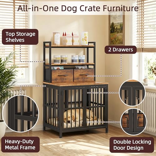 25.5" W Dog Crate Furniture with Drawer & Shelf, 43.7" H, view 3