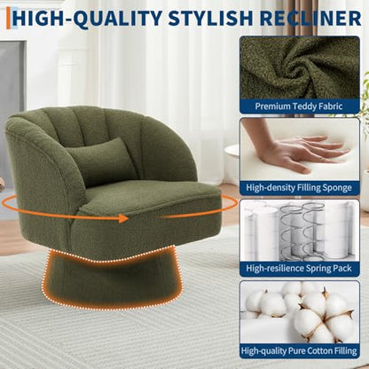 Modern Swivel Barrel Accent Chair, 360° Teddy Fabric Upholstered Armchair with Striped Backrest & Plush Padding, Comfy Round Lounge Chair for Living Room, Bedroom, Reading Nook, Green
