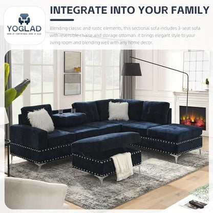 108'' Sectional Couches for Living Room, Modular 5-Seater Couch Sofa with Reversible Chaise & Cup Holders, L-Shaped Corner Sofa with Storage Ottoman for Apartment Office (Chenille, Navy Blue)