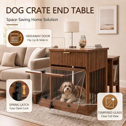 3-in-1 Dog Crate End Table with Charging Station & Drawer (Antique Brown), view 5