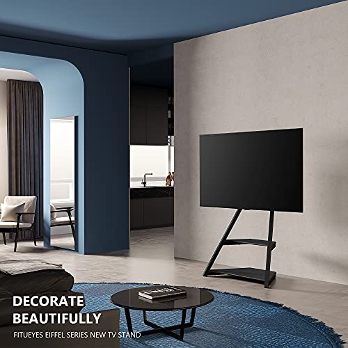 Corner TV Stand with Wheels for 43 55 65 70 75 Inch TV, Black TV Cart Floor Stand, Modern TV Stand with Wooden Storage Shelves, Eiffel Series