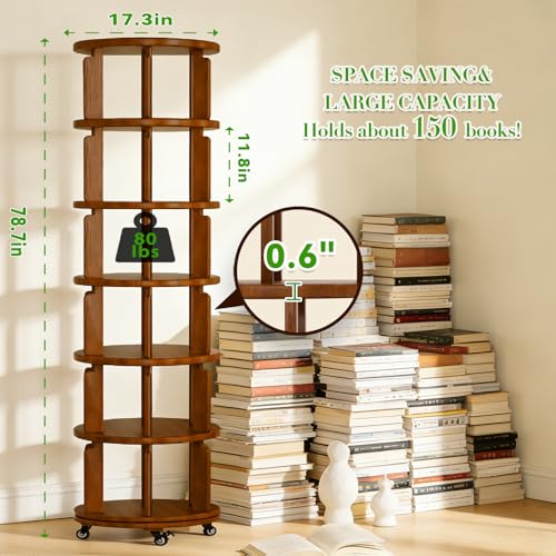 6 Tier 360° Rotating Solid Wood Bookshelf with Wheels, view 3