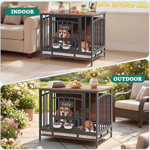31.5" Foldable Dog Crate Furniture with 360° Swivel Feeding Bowls, view 7