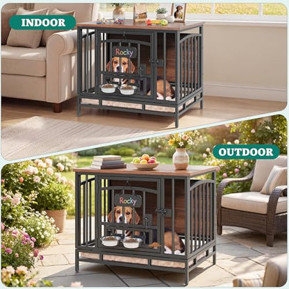 31.5" Foldable Dog Crate Furniture with 360° Swivel Feeding Bowls, view 7