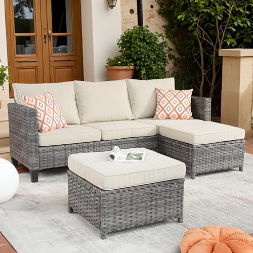 Patio Sofa 3 Pieces Patio Furniture Set Outdoor Wicker Sofa Couch with Ottomans Thick Cushions, All Weather Rattan Conversation Set for Porch Backyard Deck, Beige