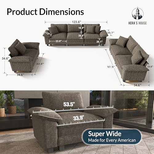 3 Pieces Modular Sectional Sofa Sets, Oversized Couch Set with Loveseats and Armchair, Comfy Cloud Couches with Throw Pillows, 6-Seater Deep Seat Sofa for Living Room, Chenille Ash