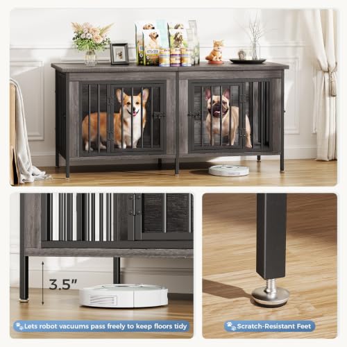54" Dog Crate Furniture for 2 Dogs with Divider, Gray Wood Grain, view 5