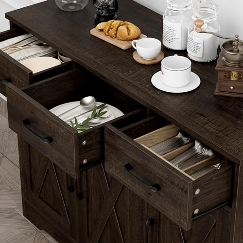 Modern Farmhouse Buffet Sideboard Cabinet, Barn Doors Storage Cabinet with Drawers and Shelves, Wood Coffee Bar with Storage for Dining Room, Kitchen, Living Room, Dark Brown