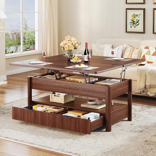 40" Lift Top Coffee Table, 4 in 1 Square Coffee Table with Storage Shelf & 2 Drawers, Modern Coffee Tables with Lift Tabletop, Converts to Dining Table for Living Room, Home Office, Walnut