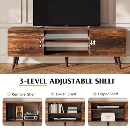 TV Stand for 55 60 Inch TV, mid Century Modern Entertainment Center with 2 Cabinets Storage & Adjustable Shelf, Media Console Table for Living Room, Bedroom, Media Furniture, Retro Brown