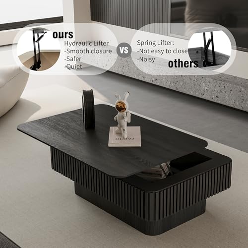 Rectangle Coffee Table with Lifting Top for Living Room Modern Coffee Table with Storage Smart Coffee Tables Lift Up Coffee Tables for Eat Fluted Pedestal Center Tables Apartment 38.6" Black