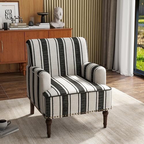Stripe Accent Chairs Set of 2, Living Room Arm Chair Modern Nailhead Trim Club Armchair, Comfy Upholstered Sofa Lounge Seat Reading Seat Bedroom Side Seating for Home Office, Black