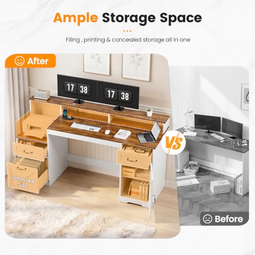 63 Inch Farmhouse Computer Desk with Drawers & Power Outlets, view 5