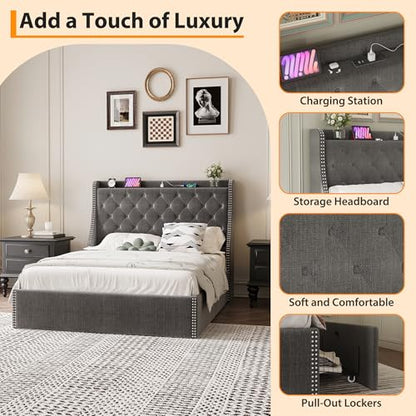 GAOMON Queen Size Bed Frame with Wingback Headboard, 4-Drawer Velvet Upholstered Platform Bed Frame with Charging Station, Button Tufted Storage Bed, No Box Spring Needed, Gray
