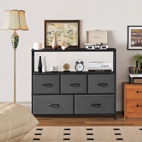 TV Stand, 5 Fabric Drawers Entertainment Center for TV up to 45 inch Wooden Media Console Table with Open Shelf, for Living Room, or Small Space, Gray