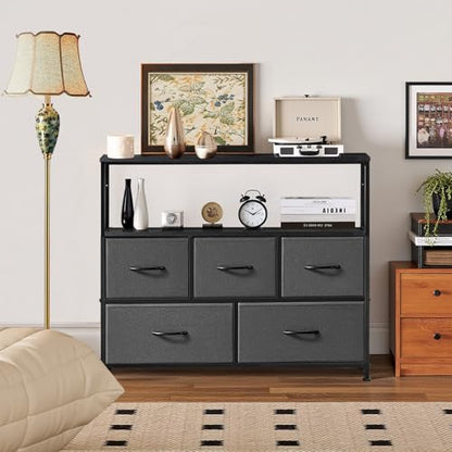TV Stand, 5 Fabric Drawers Entertainment Center for TV up to 45 inch Wooden Media Console Table with Open Shelf, for Living Room, or Small Space, Gray