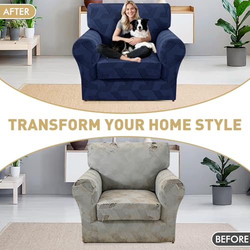 2 Pieces Chair Covers with Arms, Stretch Chair Slipcovers for Living Room, Washable Chair Couch Cover Slipcovers for Dog, Pets Feature Geometrical Jacquard Fabric (Chair, Navy Blue)