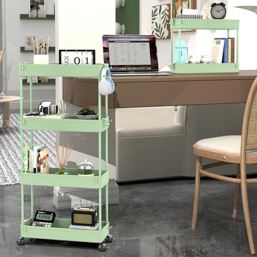 Slim Rolling Storage Cart 4 Tier Bathroom Organizer Utility Cart Mobile Shelving Unit Tower Rack for Kitchen, Laundry Room, Bathroom, Narrow Places, Green