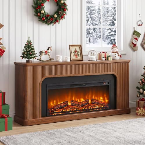 70" Fluted Fireplace TV Stand with 42'' Electric Fireplace, Walnut, view 2
