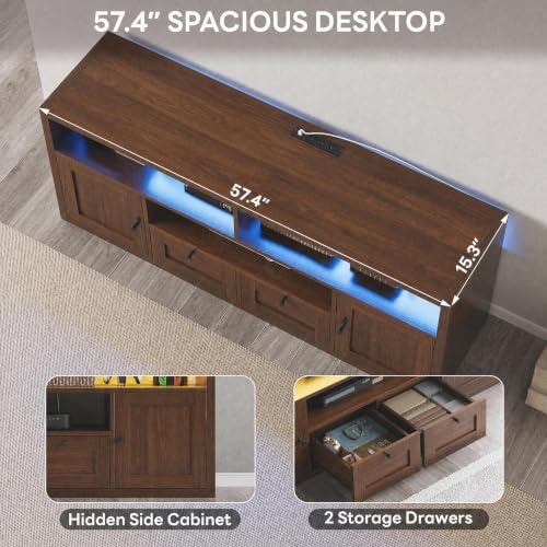TV Stand for TVs up to 65", Walnut Entertainment Center with LED, view 7