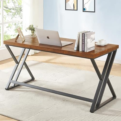 Solid Wood Computer Desk, Modern Real Wood Home Office Desk, Long Rustic Farmhouse Natural Wood Writing Desk, Executive Workstation PC Desk Table for Living Room Bedroom, Brown, 55 inch