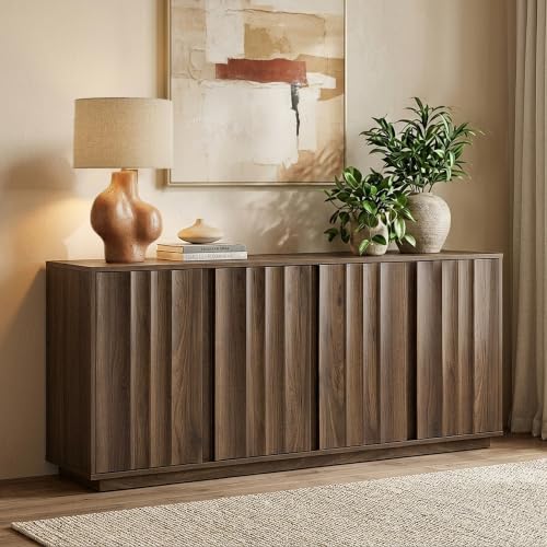 CHITA 63" Wooden Console Cabinet with 4 Tereoscopic Wavy Door Panels,Walnut, view 2