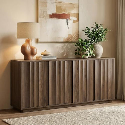 CHITA 63" Wooden Console Cabinet with 4 Tereoscopic Wavy Door Panels,Walnut, view 2