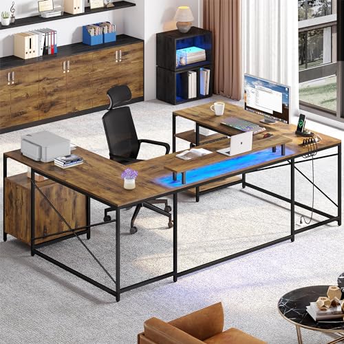 U Shaped Desk with Power Outlets & LED Lights, 79" Reversible L Shaped Desk with Drawers, Corner Computer Desk Office Desk with Monitor Stand & Storage Shelves, Rustic Brown