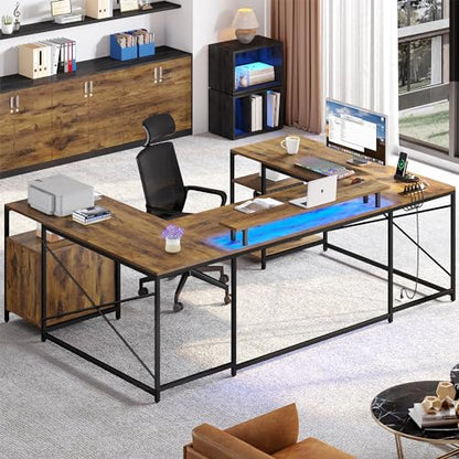 U Shaped Desk with Power Outlets & LED Lights, 79" Reversible L Shaped Desk with Drawers, Corner Computer Desk Office Desk with Monitor Stand & Storage Shelves, Rustic Brown